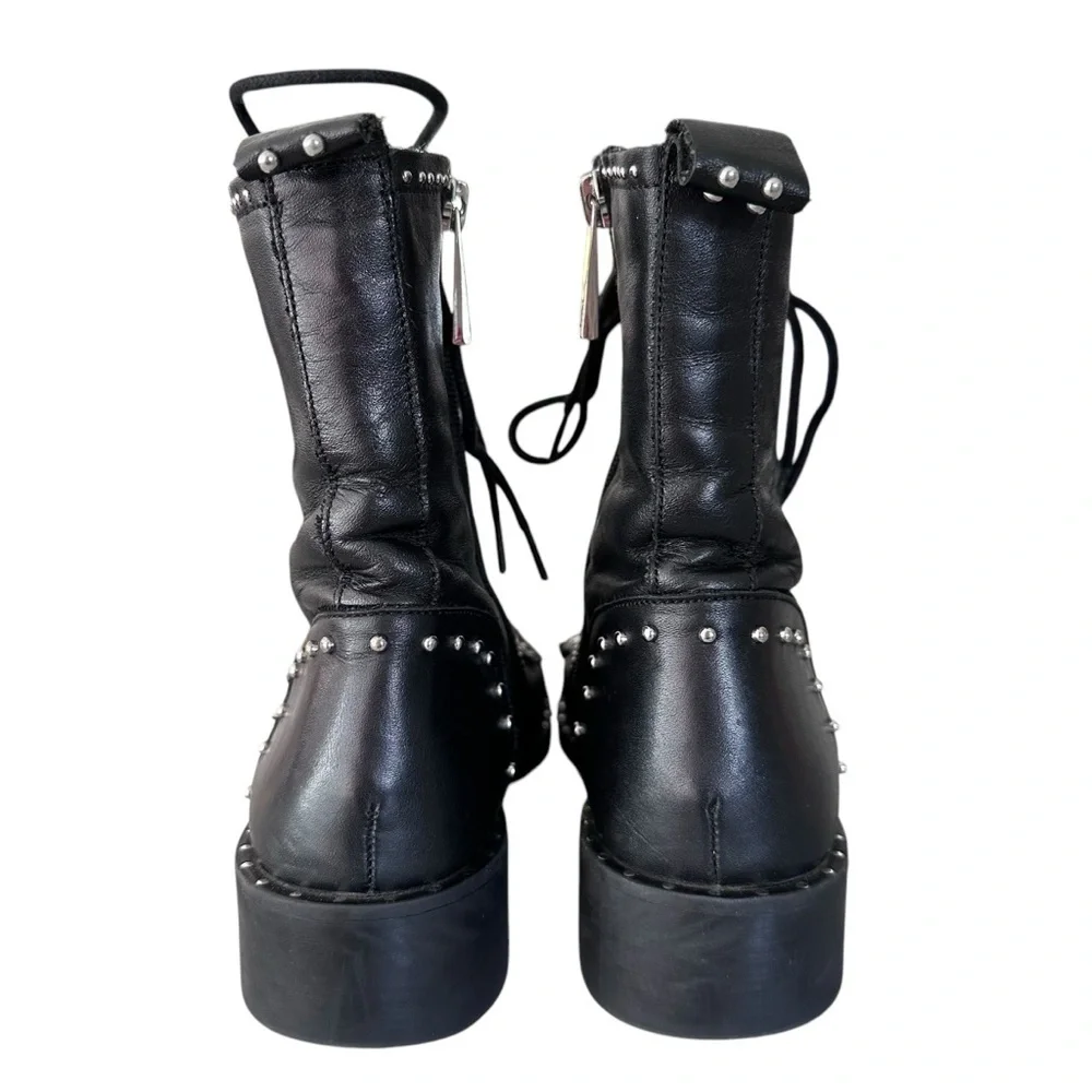 Zara Black Leather Lace Up Biker Chelsea Studded Punk Goth Ankle Boots Size 37 - Picture 5 of 15